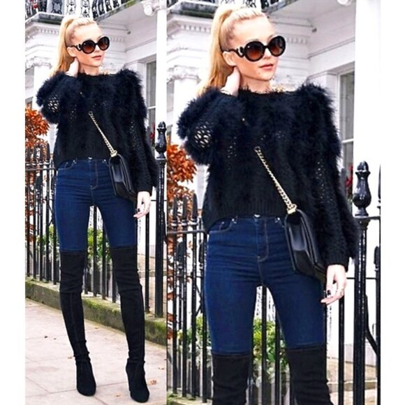 💥CHIC & SEXY💥Laxurious Marabou Feather Knitted Sweater in Black - Picture 1 of 7